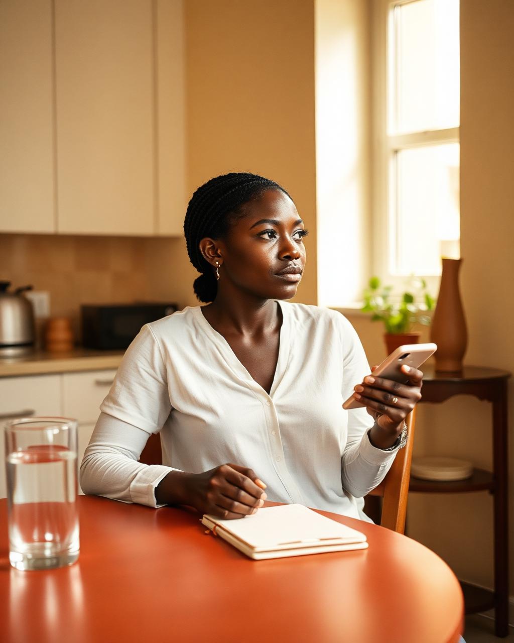 A woman sitting at a kitchen table with a phone, looking away in thought.