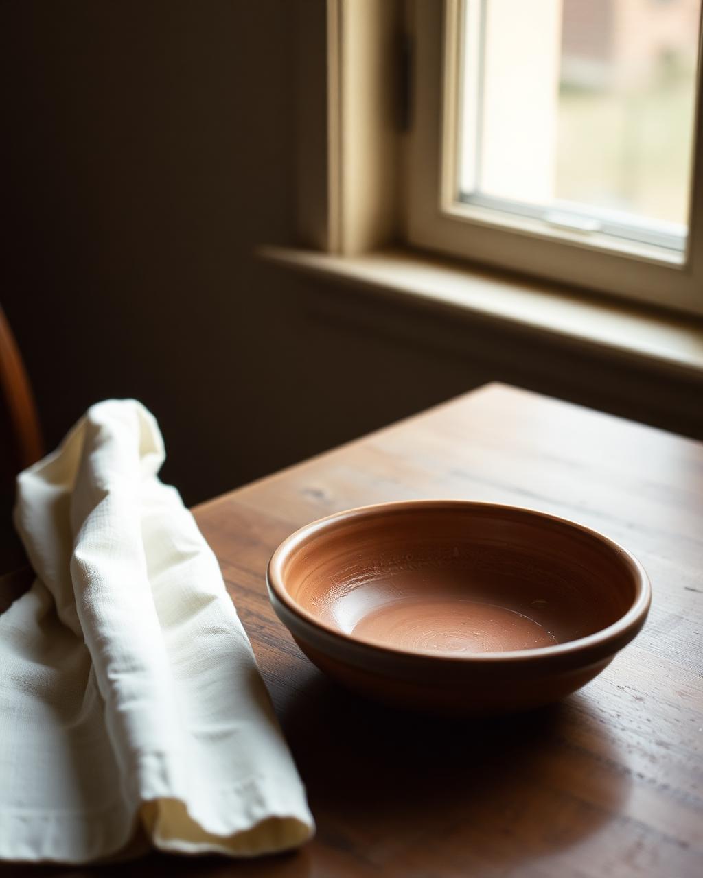 An empty earthenware bowl on a wooden table in window light.
