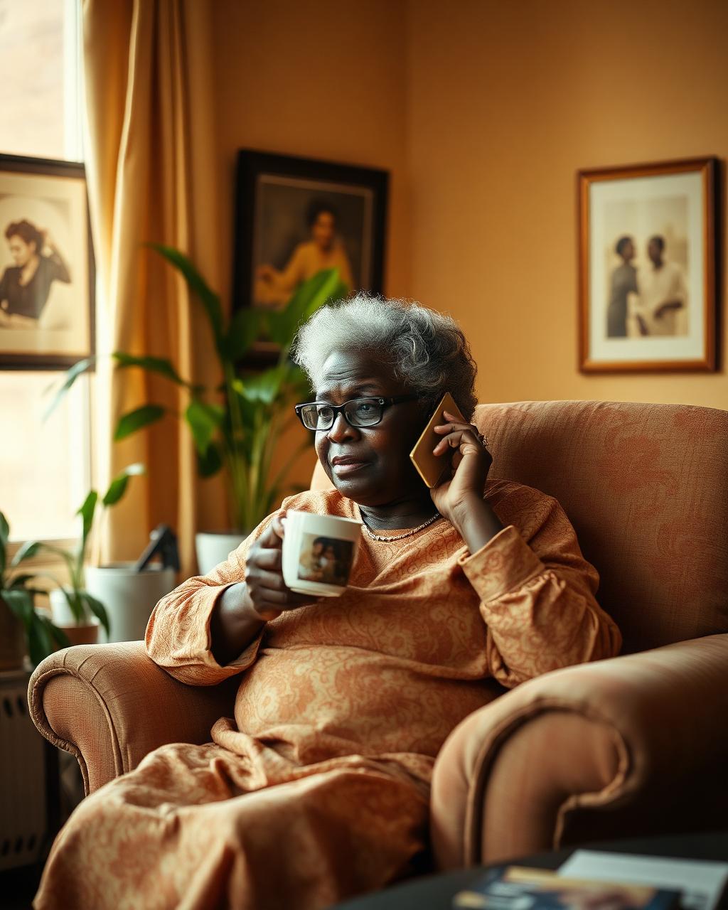 An older woman in her sitting room, on a phone call with a cup of tea.