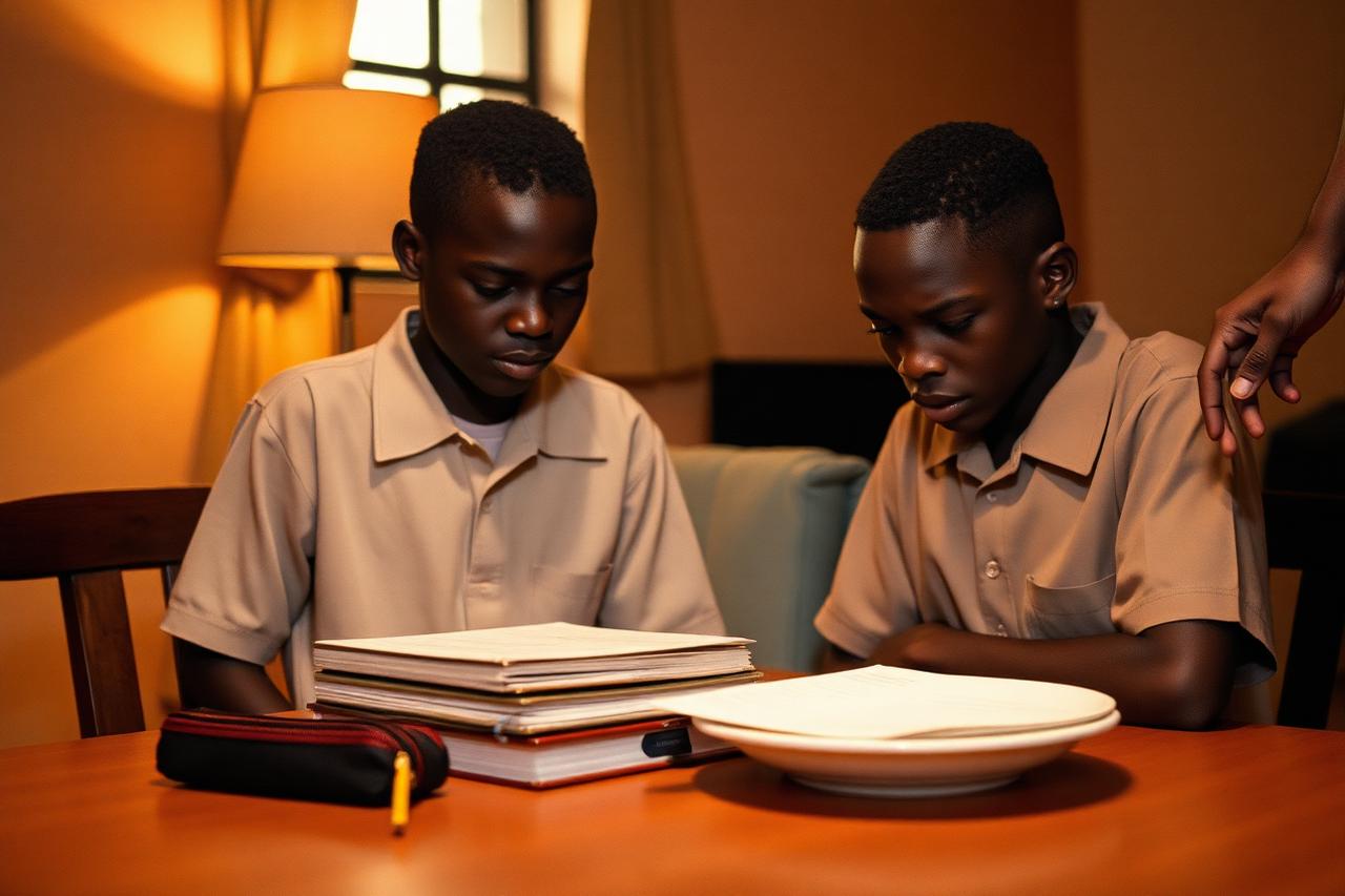 Two students in uniform doing homework at a dining table in the evening.