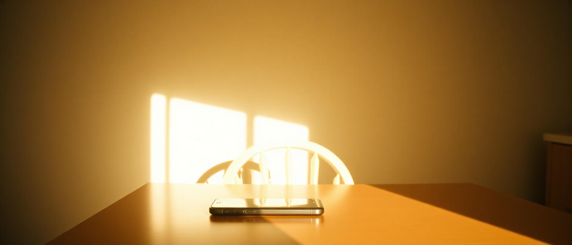 An empty kitchen in early morning light with a phone face down on the table.
