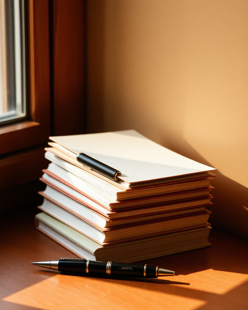 A stack of closed notebooks and a pen on a wooden desk.