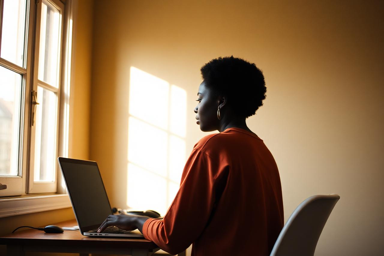 A woman at a desk with a closed laptop, turned toward a window.