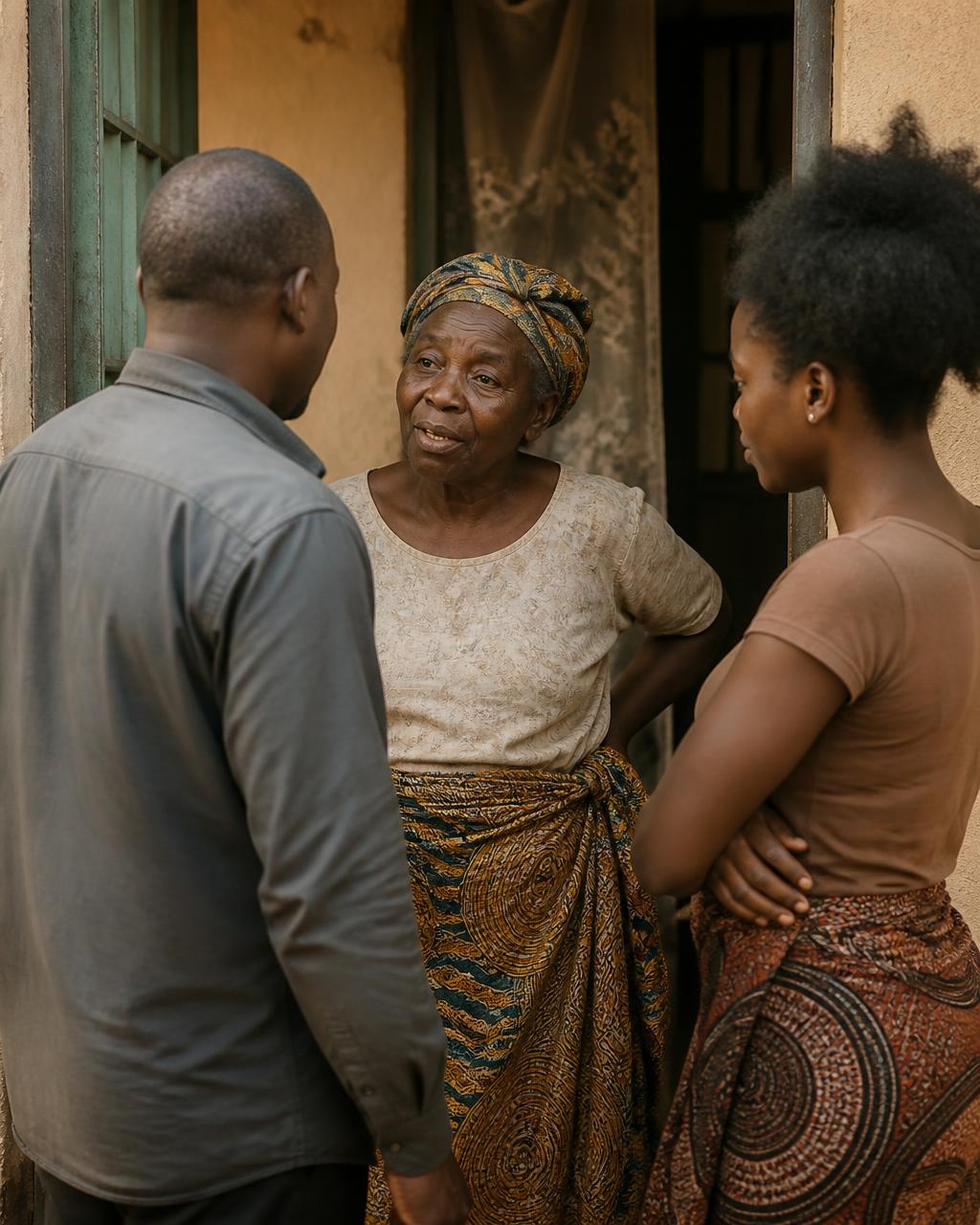 Three adults of different generations in conversation in a doorway.