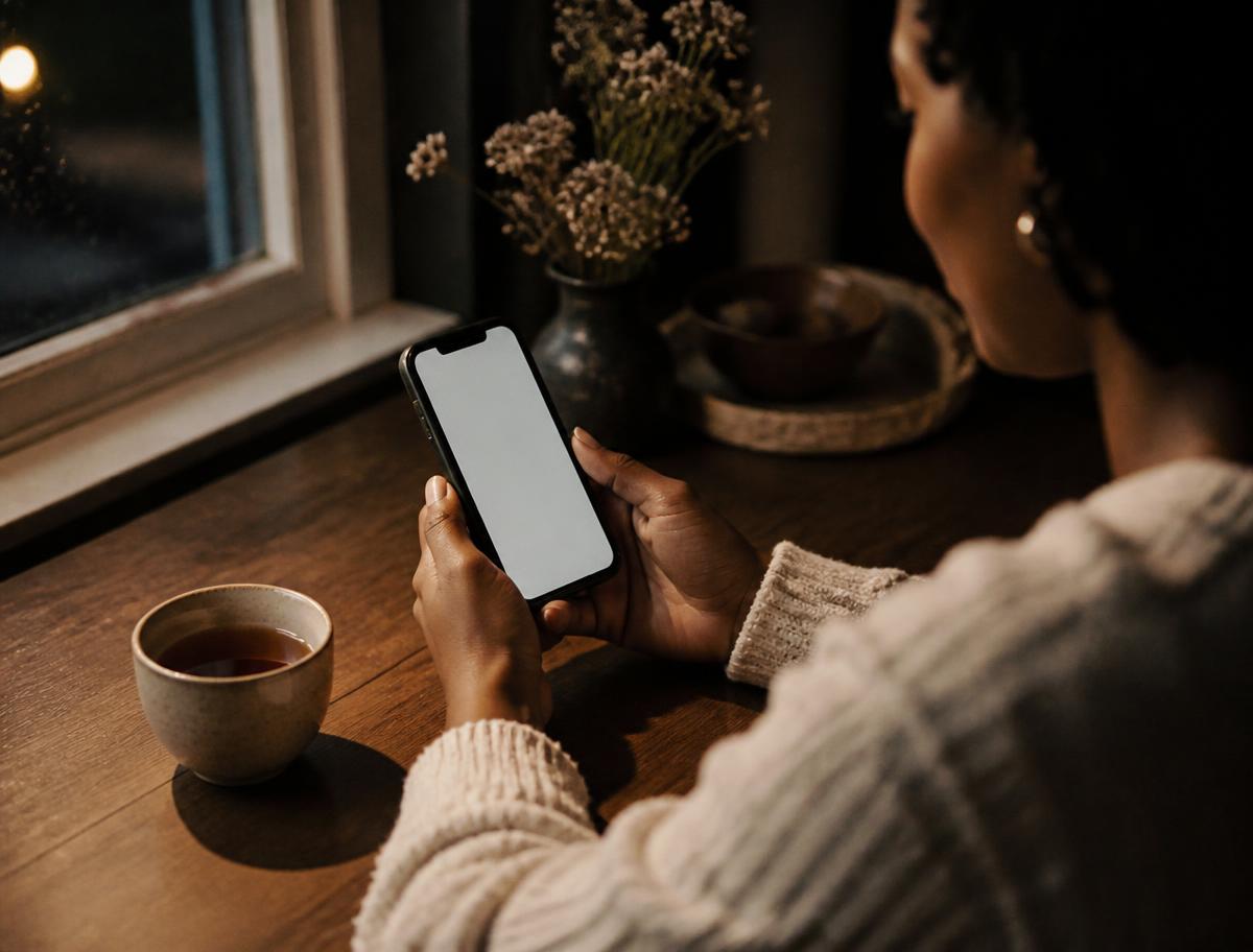 A woman holding a phone at a table in the evening, a cup of tea beside her.