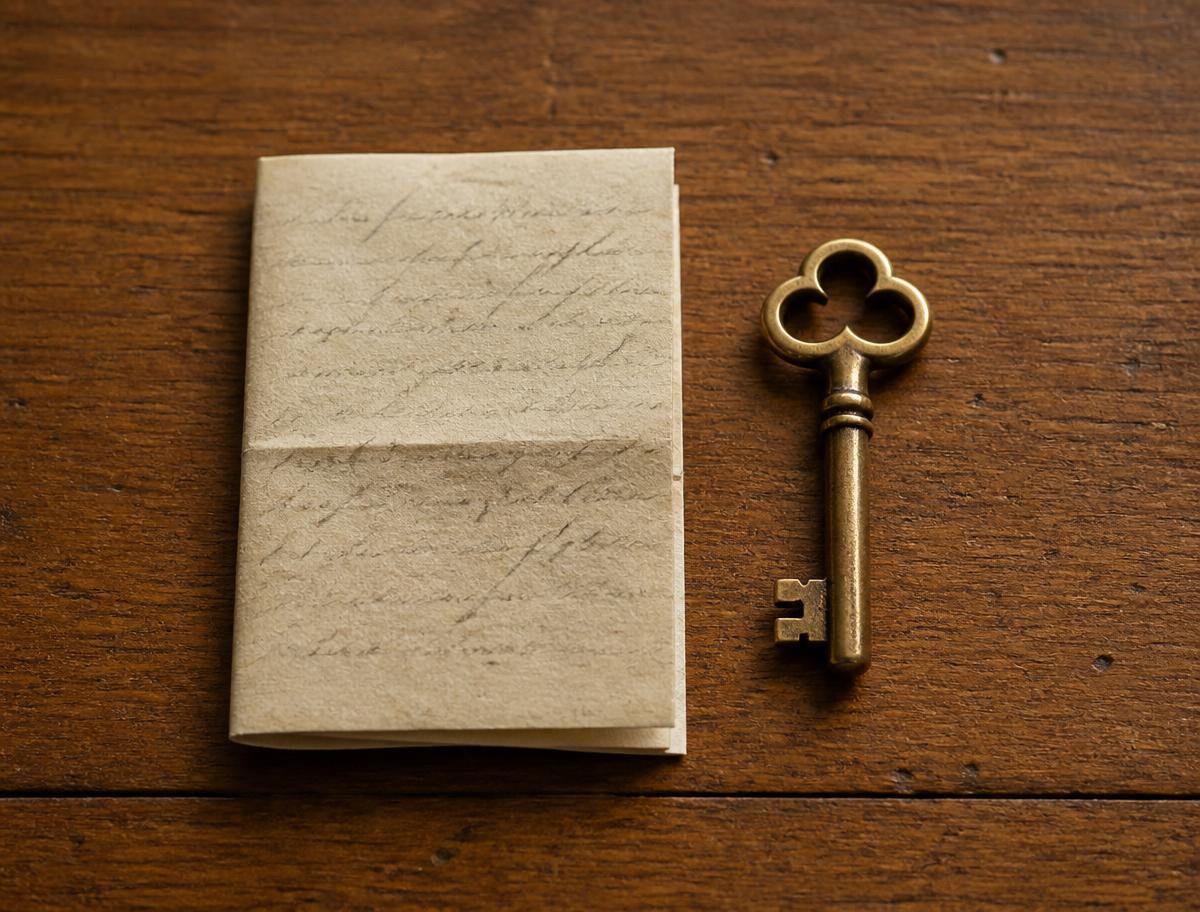 A folded paper note and a small brass key side by side on a wooden table.