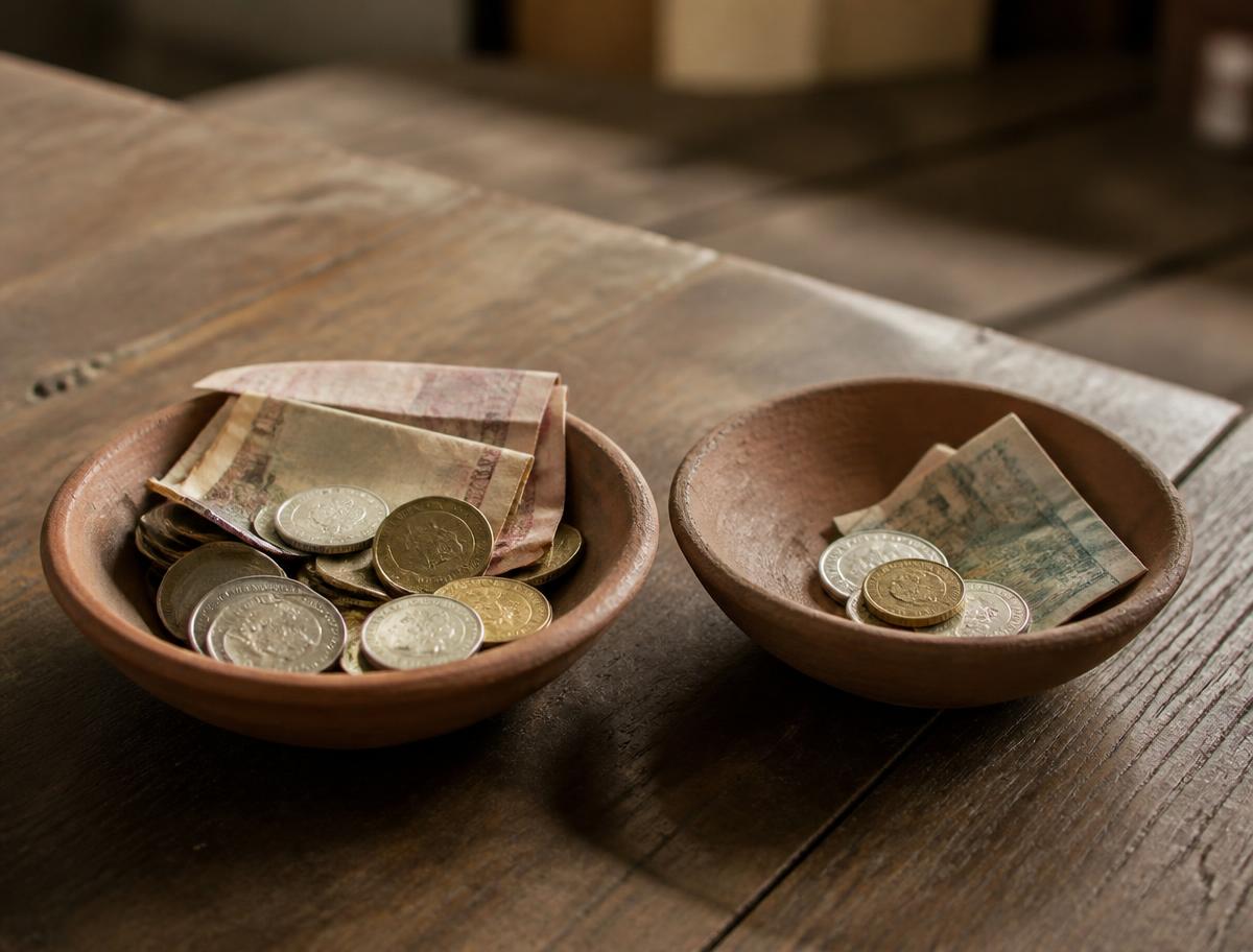 Two clay dishes on a wooden table holding coins and folded notes, one fuller than the other.